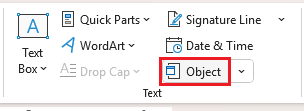Insert Object option on ribbon in Word